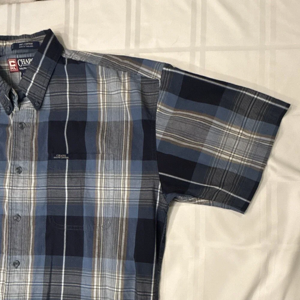 Vintage Chaps Ralph Lauren Plaid Shirt Mens L Short Sleeve Button Down Blue 90s